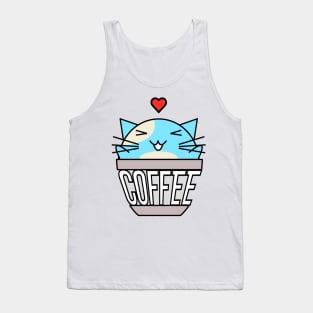 Happy cat in coffee cup with warped text heart on head blue Tank Top